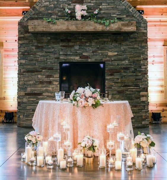 Rustic Fireplace Rose Gold Wedding Table Candles Floral Backdrop Decor Ideas