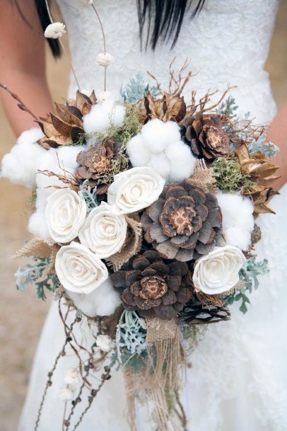 Rustic Wedding Ideas Beautiful Pine Cone White Rose Bouquet
