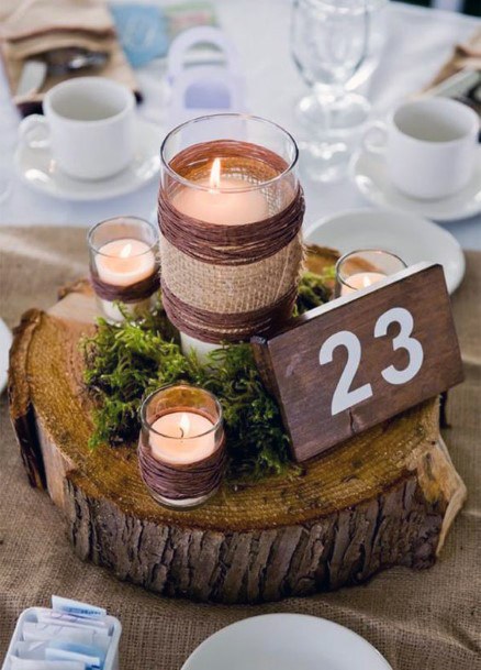 Rustic Wedding Ideas Burlap Wrapped Candles With Moss Centerpieces