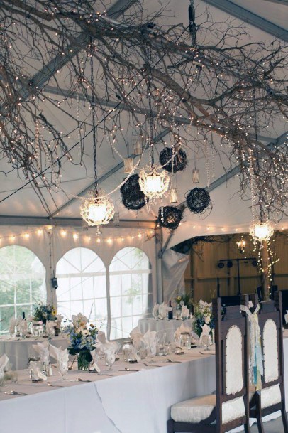 Rustic Wedding Ideas Fairy Lights And Tree Branch Hanging Reception Decorations