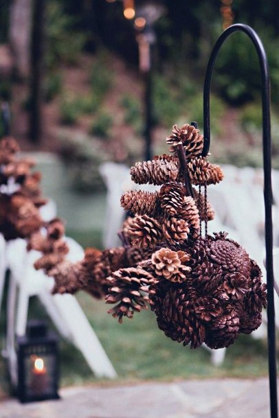 Rustic Wedding Ideas Shephards Hook With Pine Cones Aisle Decorations