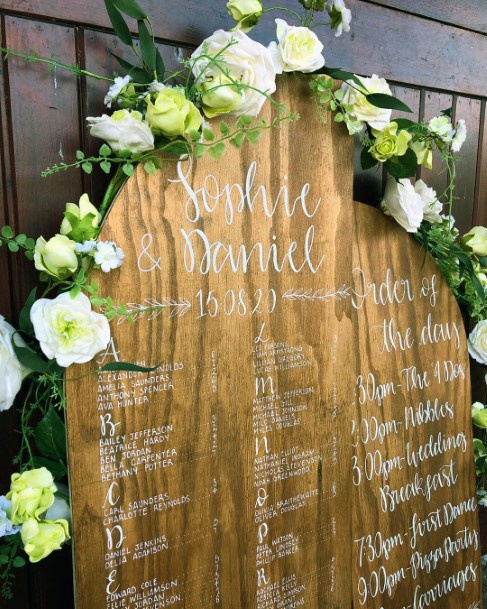 Rustic Wedding Ideas Wooden Seat Sign With White And Green Floral