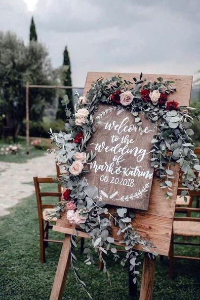 Rustic Wedding Ideas Wooden Welcome Sign Inspiration With Greenery And Floral