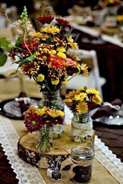 Rustic Wood Slab With Floral Vases Centerpiece Decor Fall Wedding Ideas