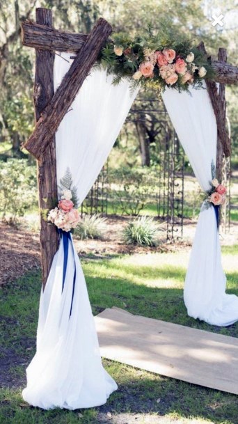 Rustic Wooden Arch With White Linen Drapes Outdoor Country Wedding Ideas