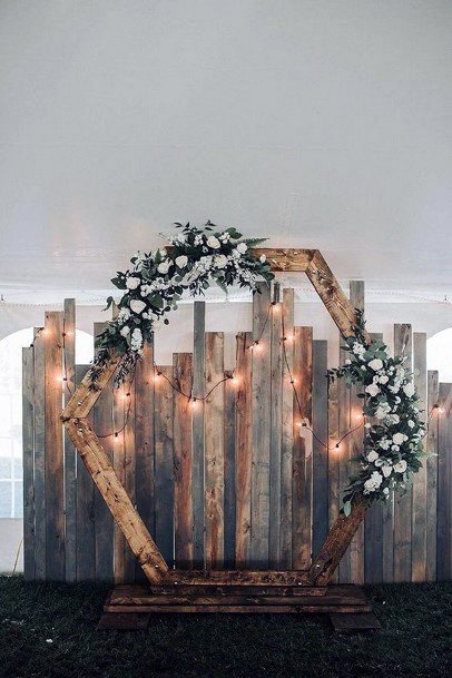 Rustic Wooden Backdrop Hexagon Arch Green White Floral Wedding Inspiration