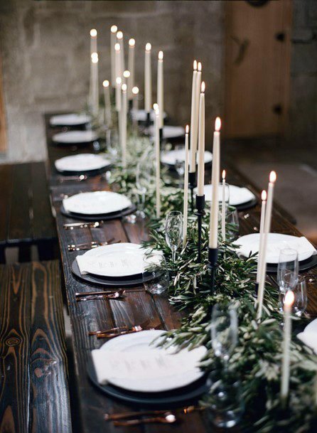 Rustic Wooden Table Sleek White Greenery Candle Wedding Decoration Ideas