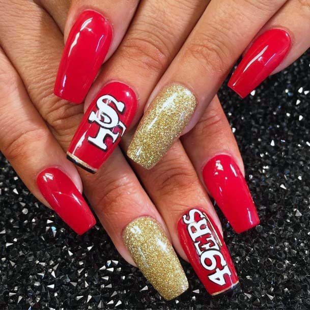 San Francisco 49ers Red Sport Nails With Golden Accent For Women