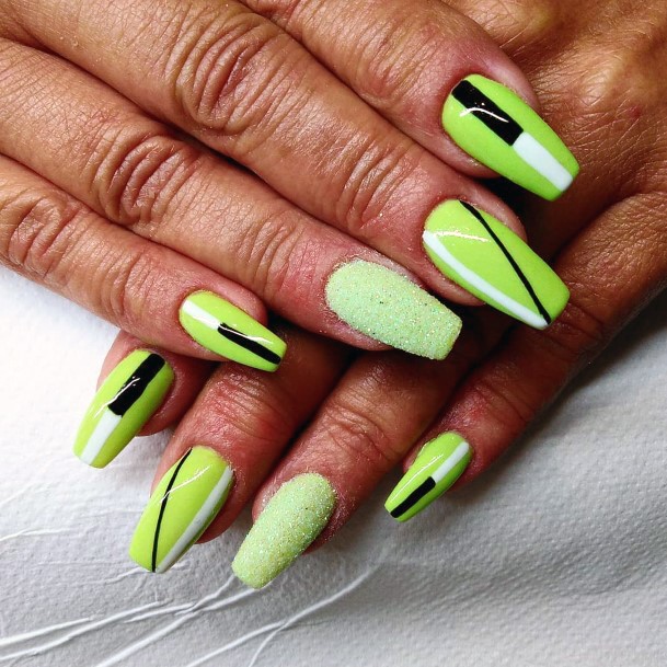 Sandy Black Strokes And Lime Green Nails