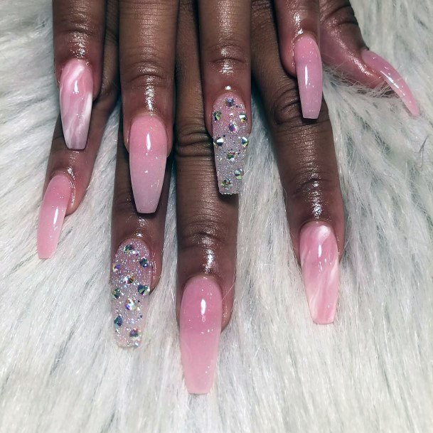 Sandy Clear Pink Nails Women With Stones