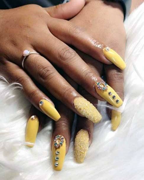 Sandy Glitter And Stone Yellow Nails Women