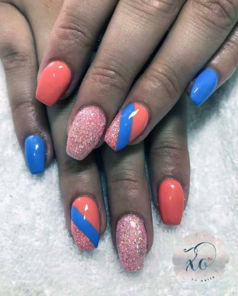 Sandy Glitter Orange And Blue Nails For Women