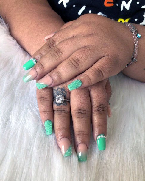 Sandy Mint Nails With Rhinestones Women