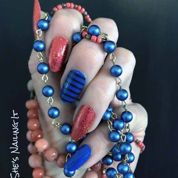 Sandy Orange And Striped Blue Nails For Women