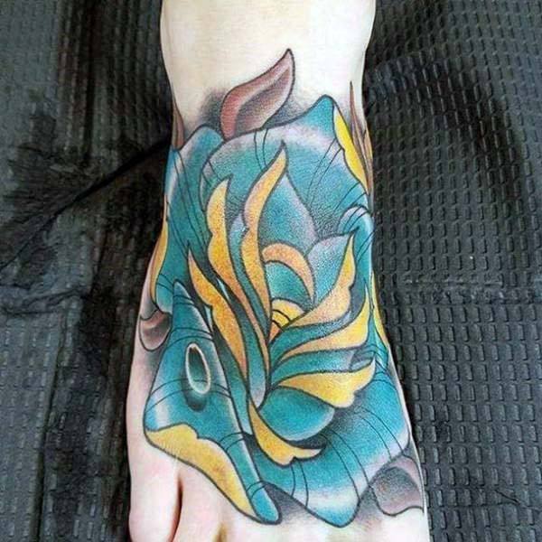 Sapphire And Gold Flower Tattoo Womens Foot