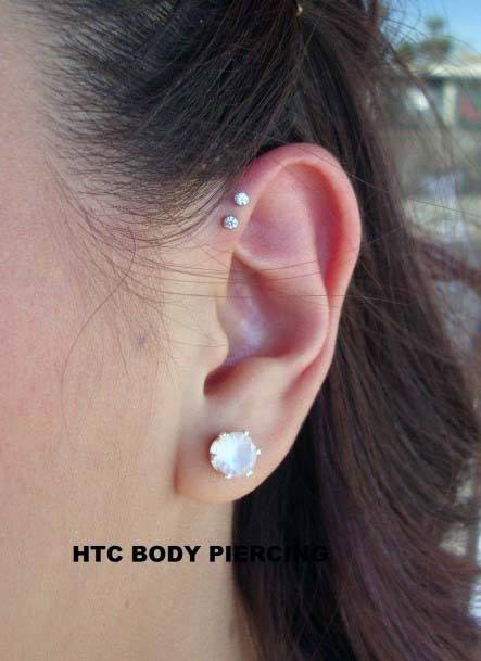 Sassy Double Forward Helix And Glossy Large Diamond Ear Lobe Piercings For Women