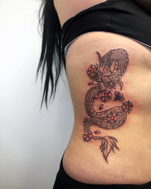 Scaly Dragon Tattoo With Flowers