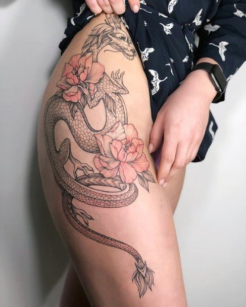 Scarlet Floral And Dragon Tattoo For Women