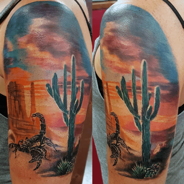 Scorpion And Cactus In Desert Tattoo Womens Half Sleeve