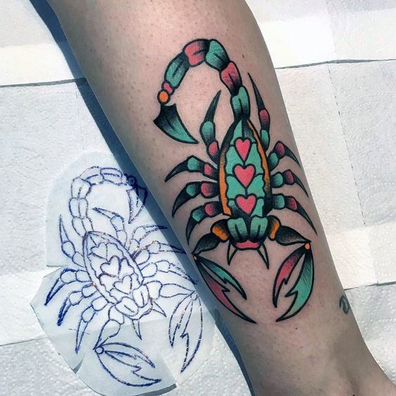 Scorpion Red Heart And Green Tattoo Womens Arms