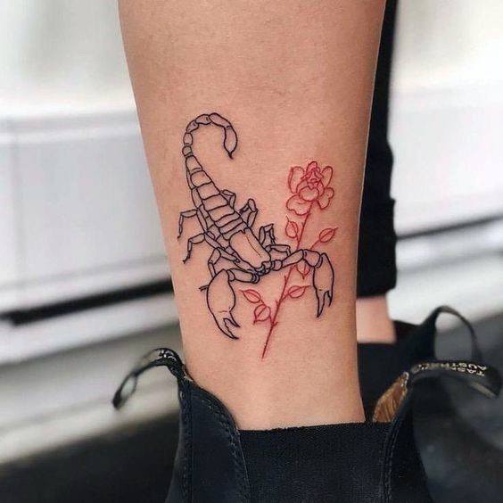 Scorpion With Red Rose Tattoo Womens Calves