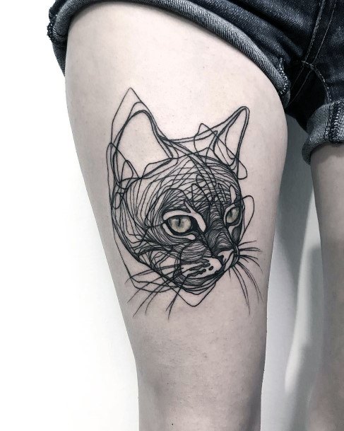 Scribbled Cat Drawing Tattoo Womens Thighs