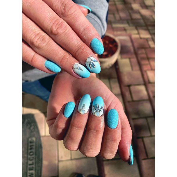 Sea Green Blue Nails With Stones Women