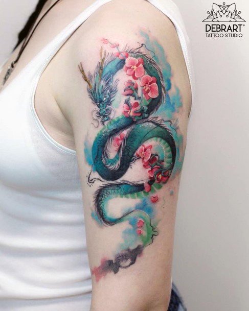 Sea Green Monster Dragon Tattoo For Women On Arms