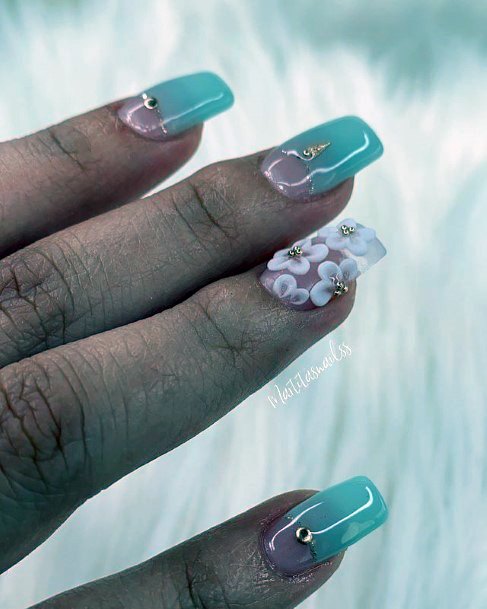 Sea Green Nails 3d Flowers Women