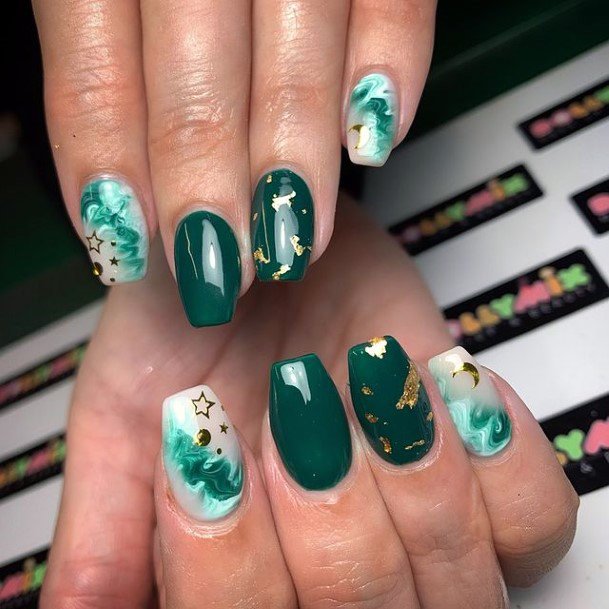 Sea Green Nails For Women With Golden Foil