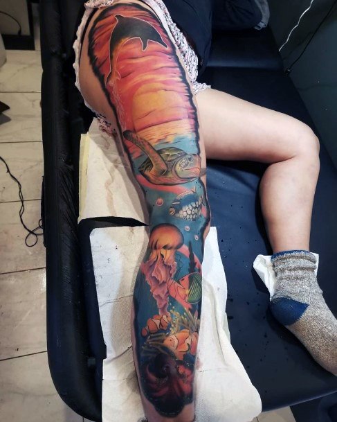 Sea Side Tattoo Womens Legs