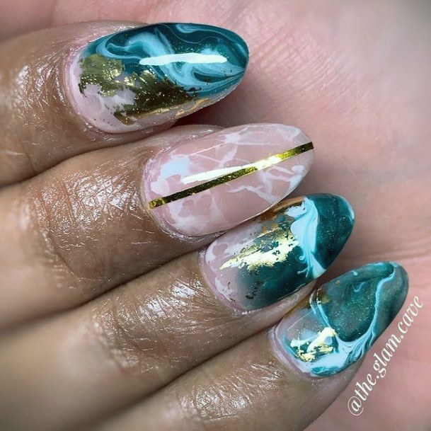 Sea Wave Design On Nails Green And Gold Women