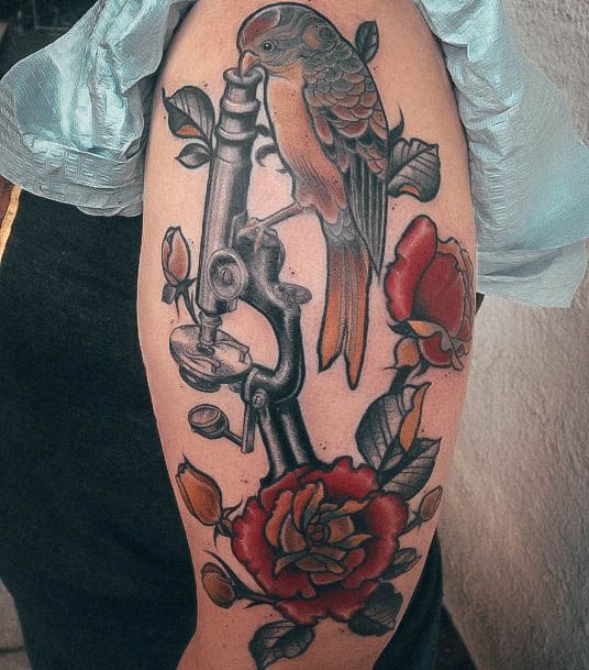 Semi Realistic Bird Roses Shoulder Nice Microscope Tattoos For Women