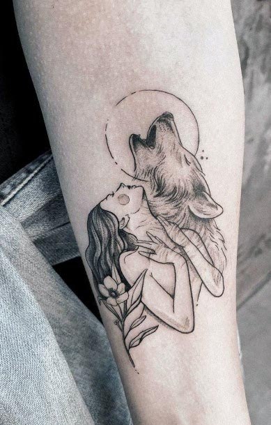 Sensual Lady And Wolf Tattoo Womens Forearms