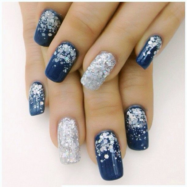 Sequins On Blue Nails Snow Themed For Women