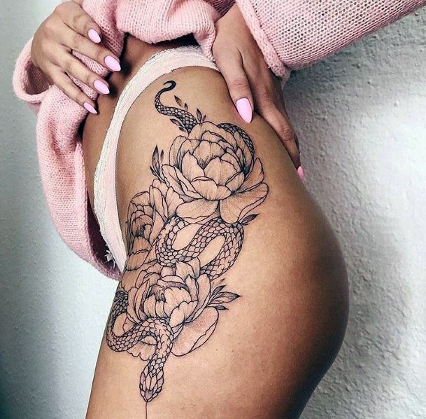 Serpent And Flower Leg Tattoo Women