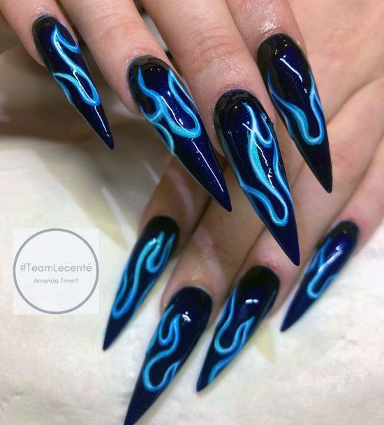 Sexy Cool Blue And Black Flames Stiletto Nails For Ladies