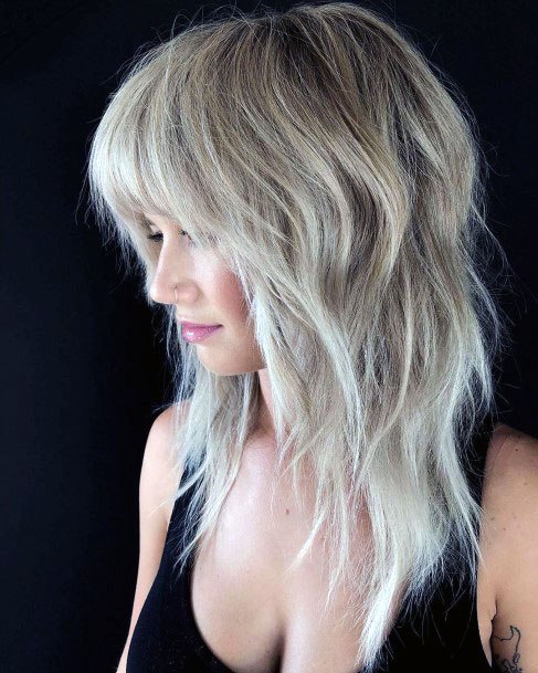 Sexy Dark Rooted Ashy Blonde Shag Shoulder Length Womens Hairstyle