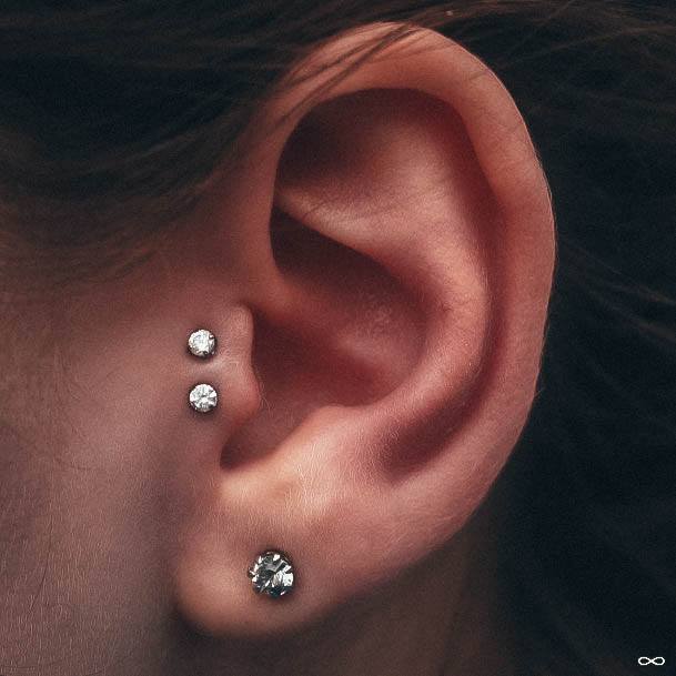Sexy Double White Diamond Tragus And Shiny Glassy Ear Lobe Piercing Ideas For Girls