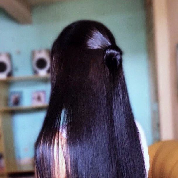 Sexy Glossy Half Bun Womens Long Straight Black Hairstyle