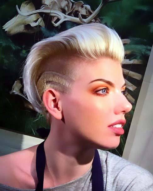 Sexy Platinum Blonde Voluminous Mullet Shaved Side Pixie Womens Hairstyle