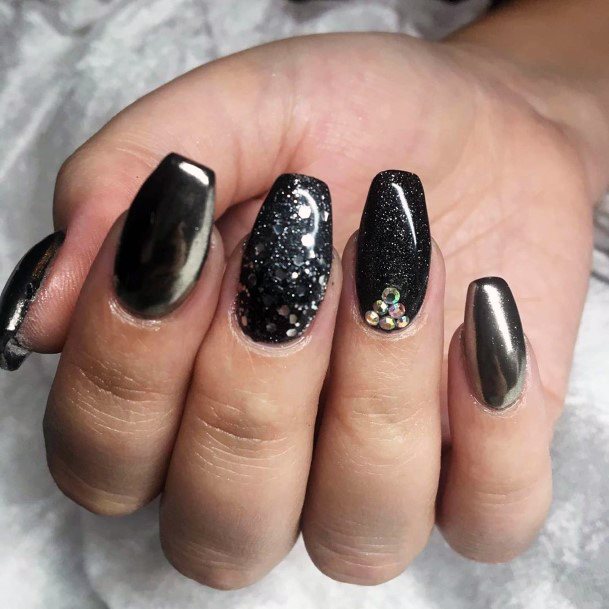 Top 50 Best Black Sparkly Nails For Women - Starry Night Designs