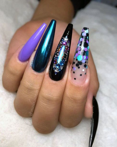 Sexy Stylish Cute Long Glitter Black Purple And Turquoise Chrome Nail Design For Girls