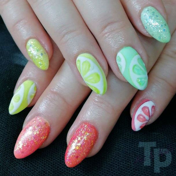 Sexy Vibrant Lovely Citrus Sparkly Almond Nail Design Inspiration For Women