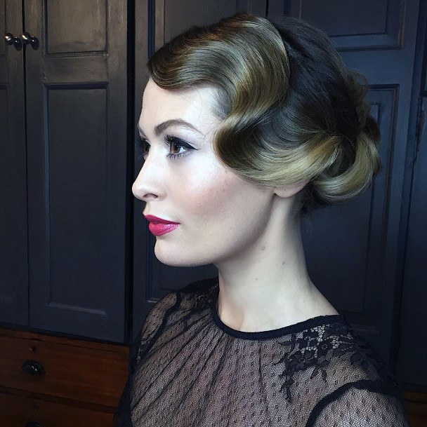 Sexy Vintage Dark Brownish Blonde Finger Waves Updo Womens Hairstyle