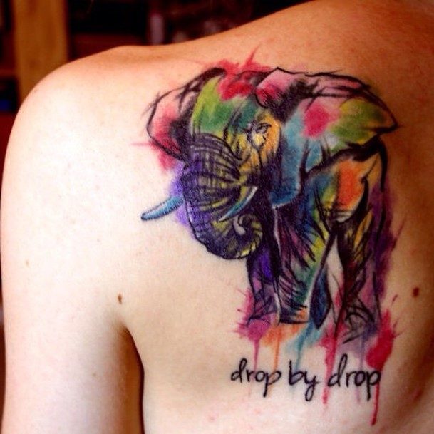 Shabby Painted Elephant Tattoo Womens Back