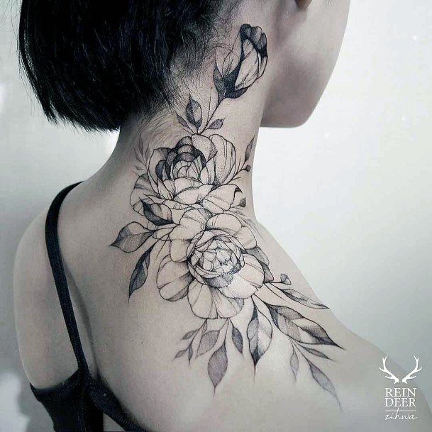 Shaded Black Art Womens Floral Tattoo On Neck