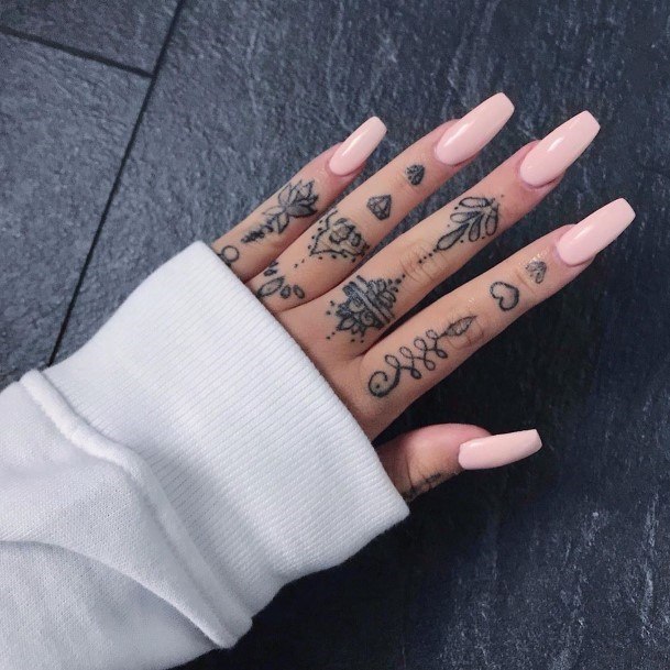 Shaded Black Design Womens Fingers Tattoo