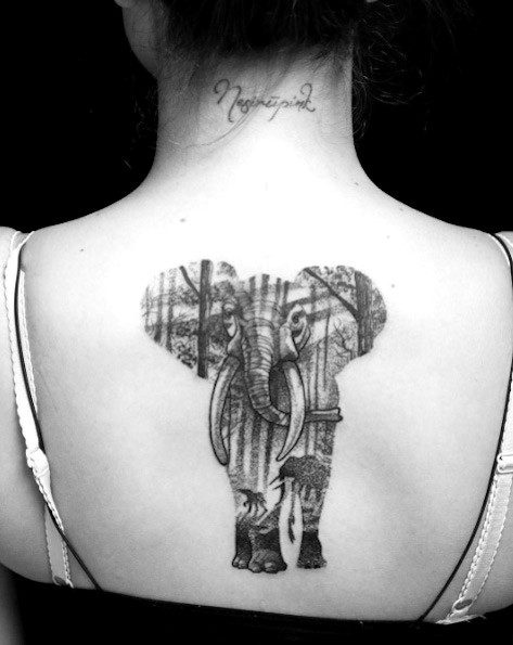 Shaded Black Elephant Tattoo Womens Back