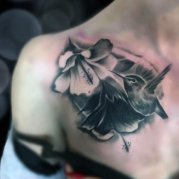 Shaded Black Hibiscus And Hummingbird Tattoo Womens Shoulders